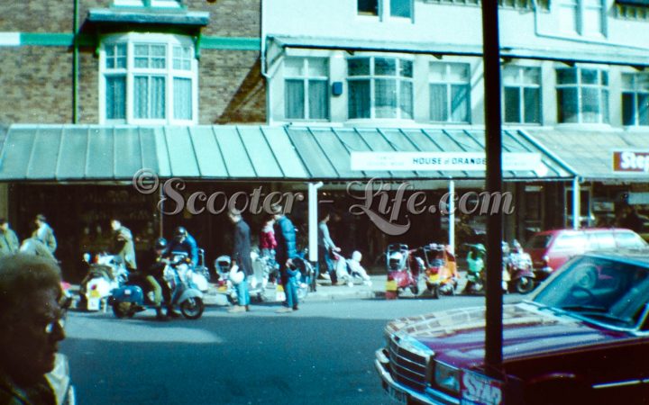 Scooters parked in Paignton high street in 1983